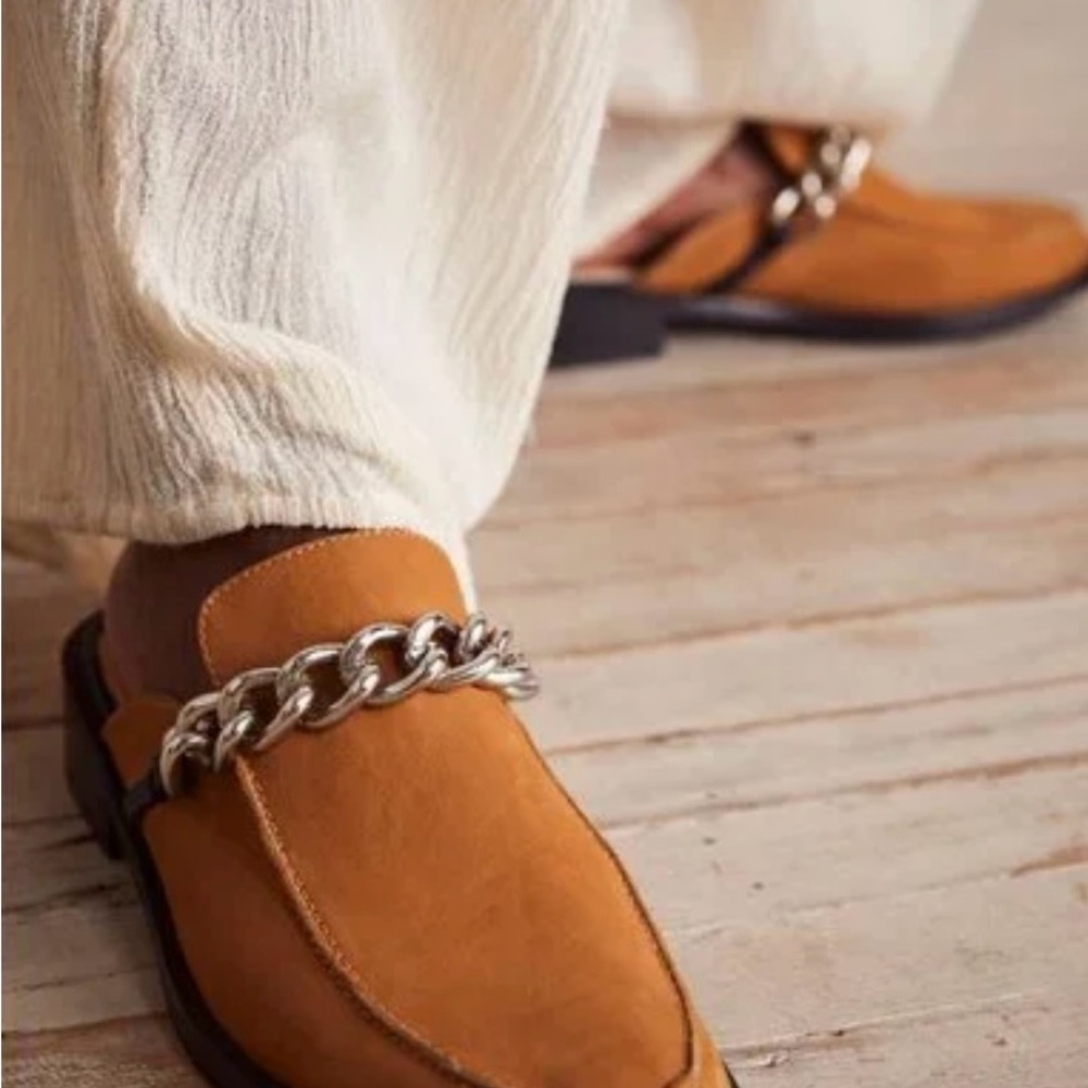 Free People Tan and Silver Chain Detail Flats